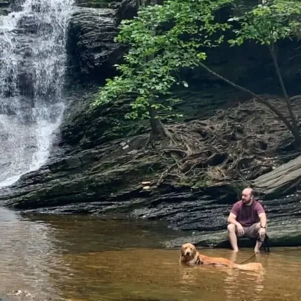 a person and dog in a swimming hole